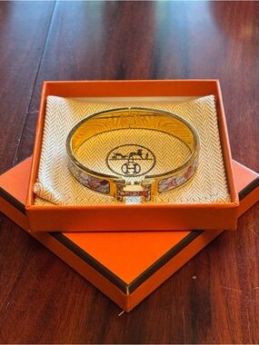 Hermes Gold Enamel H Bracelet with Multicolor Motif (origami/alphabet print)